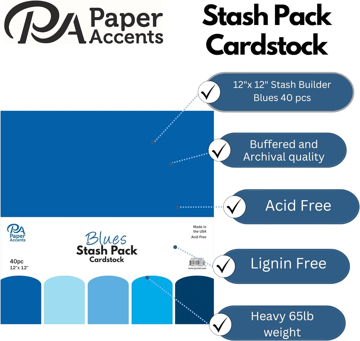 PA Paper Accents Stash Pack Cardstock Pack 12" X 12" Blues Colored Cardstock Paper for Card Making, Scrapbooking, Printing, Quilling and Crafts, 65Lb., 40 Pieces