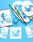 9Pcs Ocean Sea Turtle Jellyfish Dolphin Skeleton Fish Stencils Sea Animal Tropical Template Hawaiian Palm Tree Beach Dolphin Shark Stencils for Painting on Wood DIY Craft Wall Décor (Fancy)