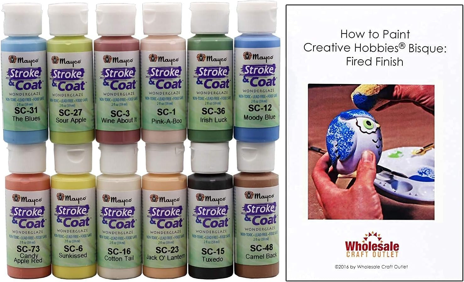 Mayco Stroke and Coat Glaze for Ceramics Kit 3 | 12 Assorted 2 Oz Jars with How to Paint Pottery Book