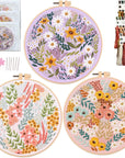 Embroidery Kit for Adults, Embroidery Material Set with Cute Flowers and Plants Patterns. 3 Embroidery Clothes and Colors Threads. 1 Hoop. (Flowers-B)