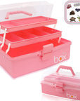 12'' Three-Layer Folding Storage Box, Art Crafts Case,Organization Portable Handled Tool Box for Sewing,Makeup,Tackle,Medical Supply Organizer (Pink)