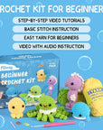 Crochet Kit for Beginners, Beginner Crochet Kit for Adults & Kids with Step-By-Step Video Tutorials, Knitting Kit, 4 Pattern Crochet Animal Kit - Whale, Jellyfish, Sea Horse and Octopus