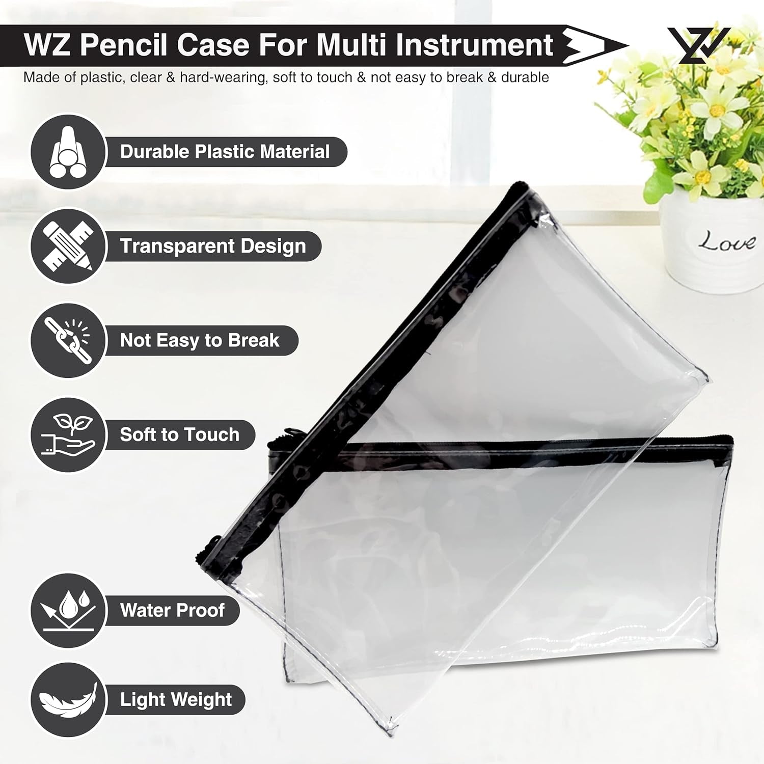 Pencil Case - Transparent PVC Pencil Cases with Zipper - Clear Pencil Case for Exams Pen Pencil Stationary - Pencil Case for Girls Boys (Pack of 2)