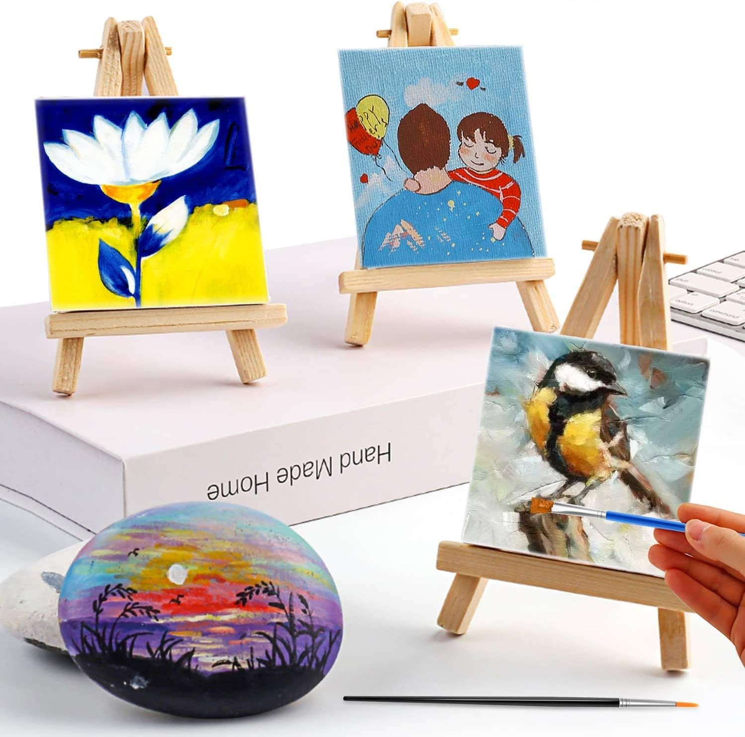 Mini Canvas and Easel,  47 Pieces Mini Canvas Painting Set Includes 4X4 Inches Primed Canvas, Mini Easel, Acrylic Paint, Paintbrushes and Palette for Kids Artists Art Party