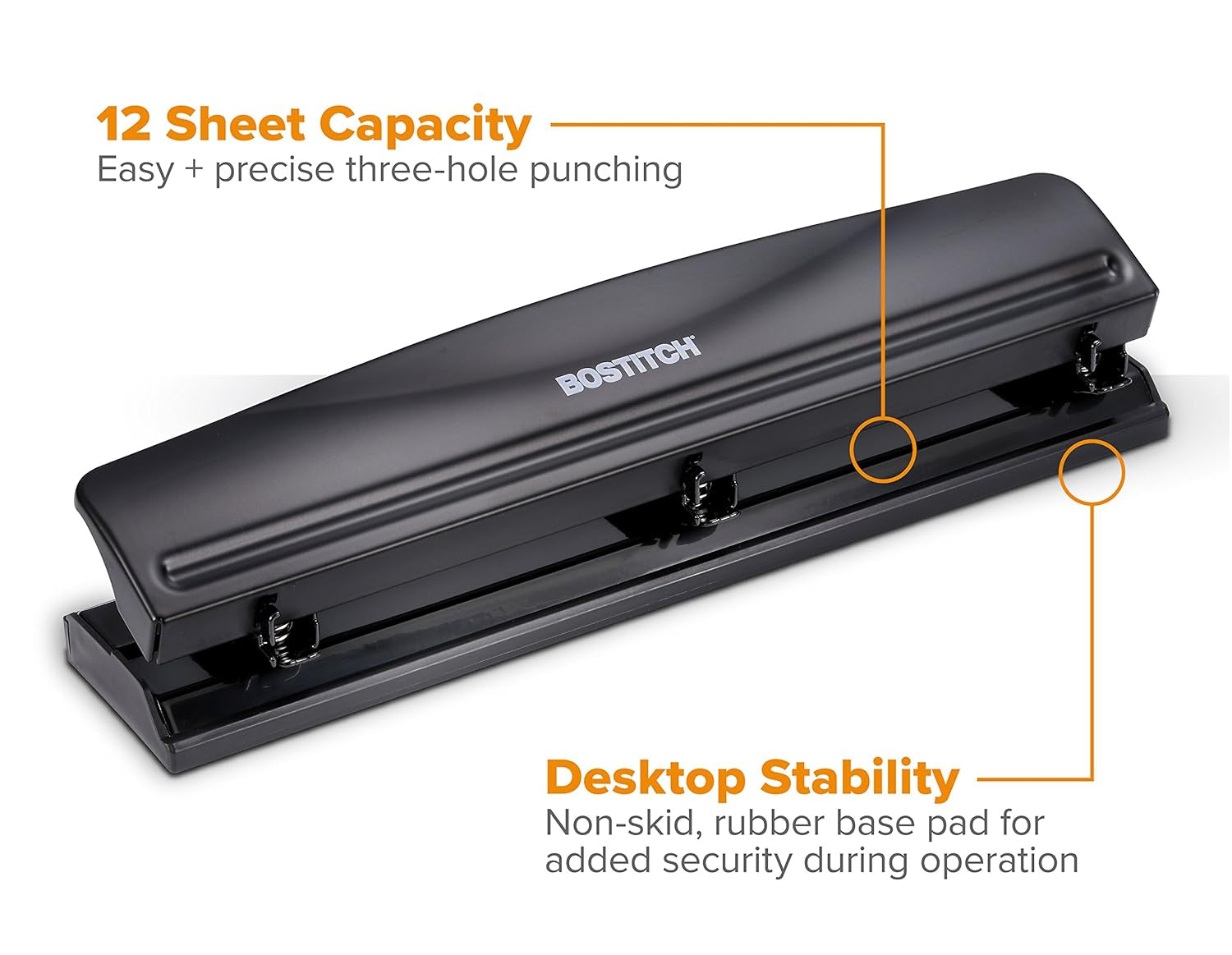Office 3 Hole Punch, Durable Metal,Rubber Base, 12 Sheets, Black