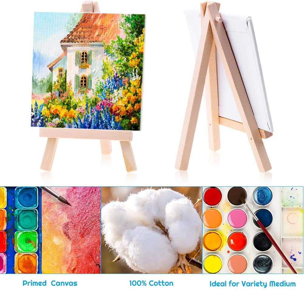 Mini Canvases 18 Pack,  Small Painting Canvas with Mini Easel 4X4 Inches Art Canvases Painting Kit for Kids Teenagers Acrylic Pouring Oil Water Color