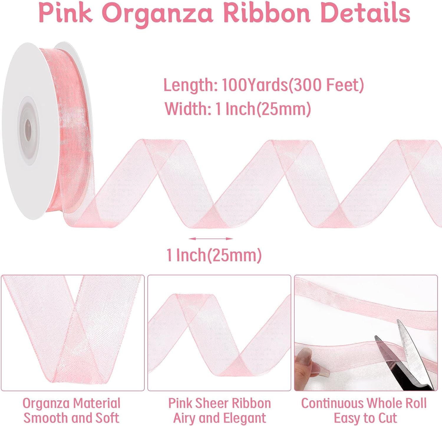 Pink Sheer Ribbon, 100 Yards 1 Inch Pink Organza Chiffon Tulle Ribbon for Gift Wrapping Crafts Flower Bouquet Wedding Invitation Party Home Decoration