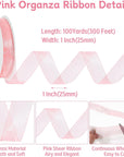 Pink Sheer Ribbon, 100 Yards 1 Inch Pink Organza Chiffon Tulle Ribbon for Gift Wrapping Crafts Flower Bouquet Wedding Invitation Party Home Decoration