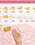 1290 Pieces Pearl Beads and Gold Spacer Beads for Bracelets Making, Assorted Gold Beads, Pearls for Bracelet Jewelry Making Kit