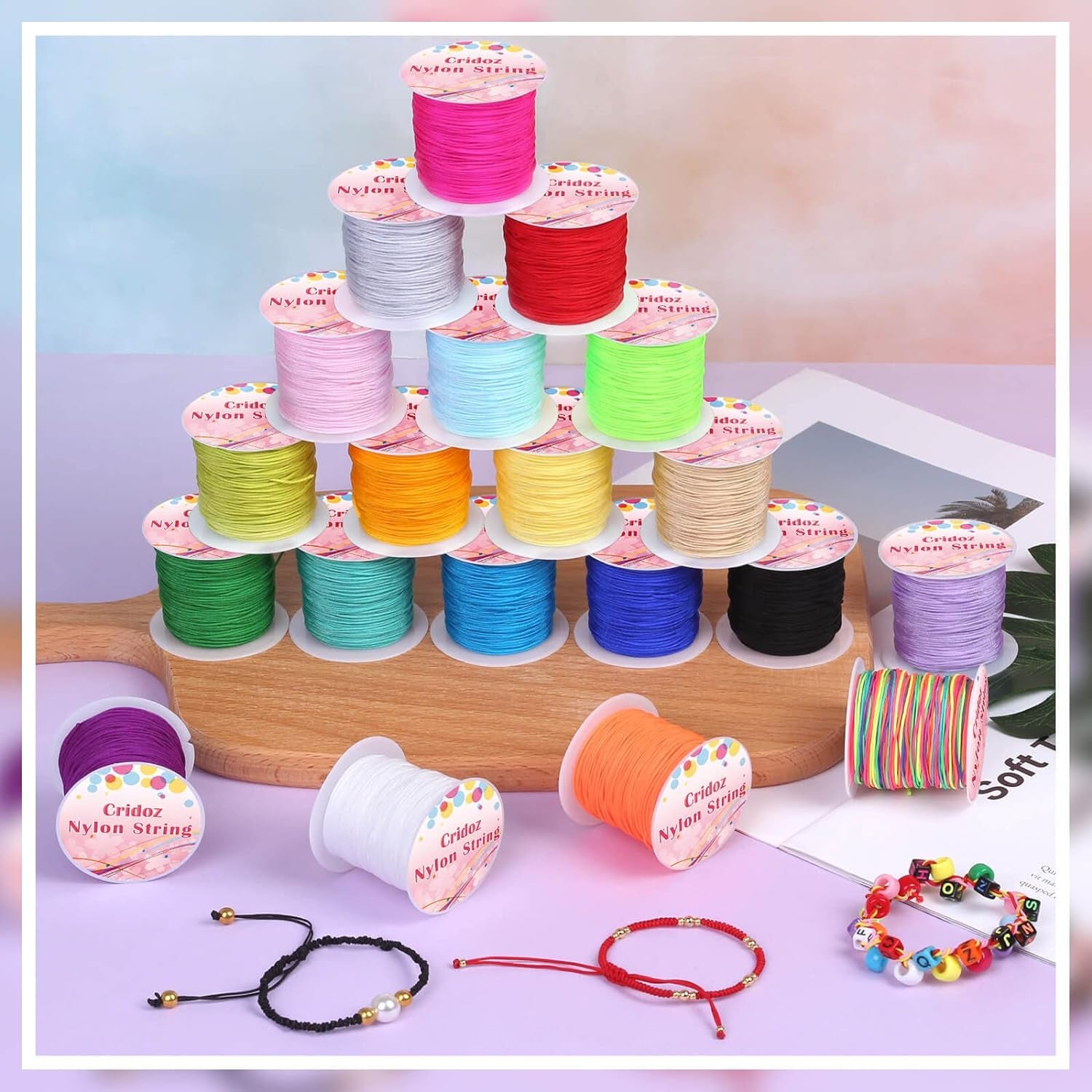 Nylon String for Bracelets,  20 Rolls Chinese Knotting Cord Nylon Beading Thread for Kumihimo, Braided Bracelets, Beading, Necklaces, Macrame Craft, Wind Chime, Jewelry Making