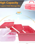12'' Three-Layer Folding Storage Box, Art Crafts Case,Organization Portable Handled Tool Box for Sewing,Makeup,Tackle,Medical Supply Organizer (Pink)