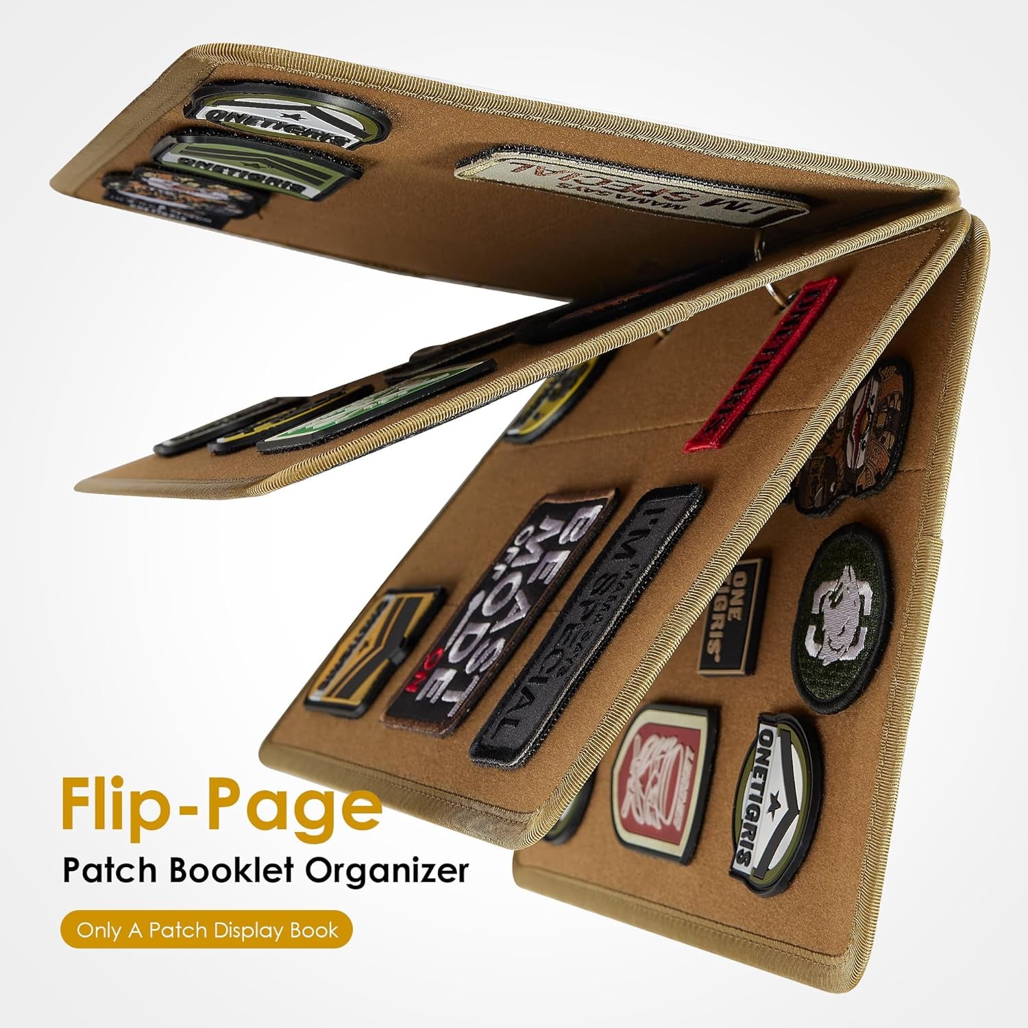 Patch Display Board, Flip-Page Patch Book with Metal Removable Ring Binders, Tactical Patches Booklet Organizer for Patch, Military Patch Collections(No Patches Included), Coyote Brown