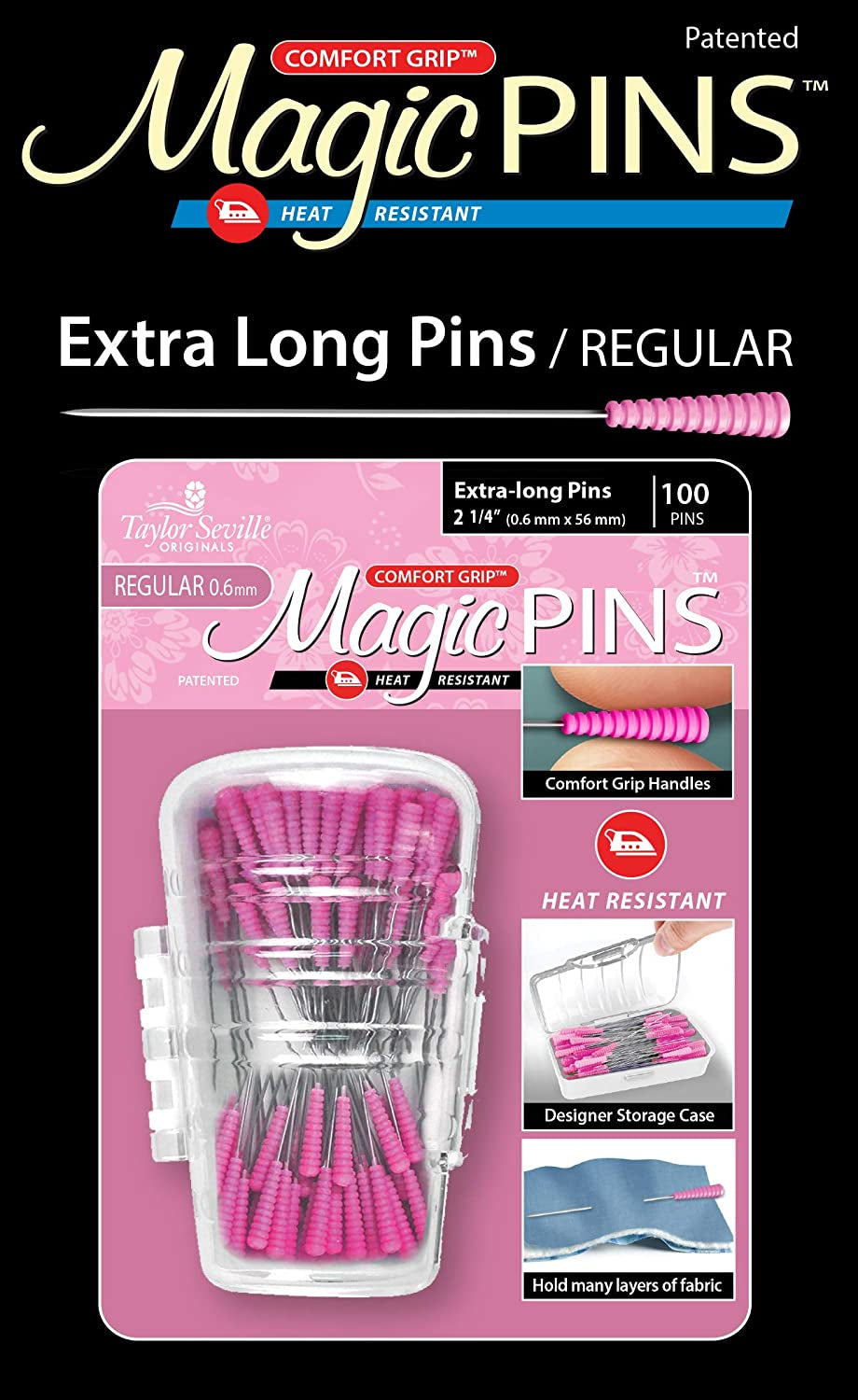 Originals Comfort Grip Magic Pins Extra Long Regular -Quilting Supplies-Sewing Supplies-Sewing Notions-100 Count