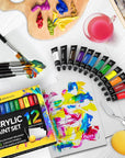 Complete Acrylic Paint Set – 12Х Rich Pigment Colors & 6X Art Brushes - Includes 3 Paint Canvases, Palette Knife & Sponge - Perfect for Canvas, Clay, Ceramic - Non-Toxic, Great for Kids & Adults