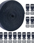 1 Inch 16 Yards Polypropylene Webbing Strap Band with 16 Set 1Inch Side Release Plastic Buckles, Black
