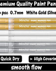 White Paint Pen, 0.7Mm Acrylic 2 White, 2 Gold, 2 Silver Permanent Marker Pens for Wood Rock Plastic Leather Glass Stone Metal Canvas Ceramic Marker Extra Very Fine Point Opaque Ink, 6 Pack