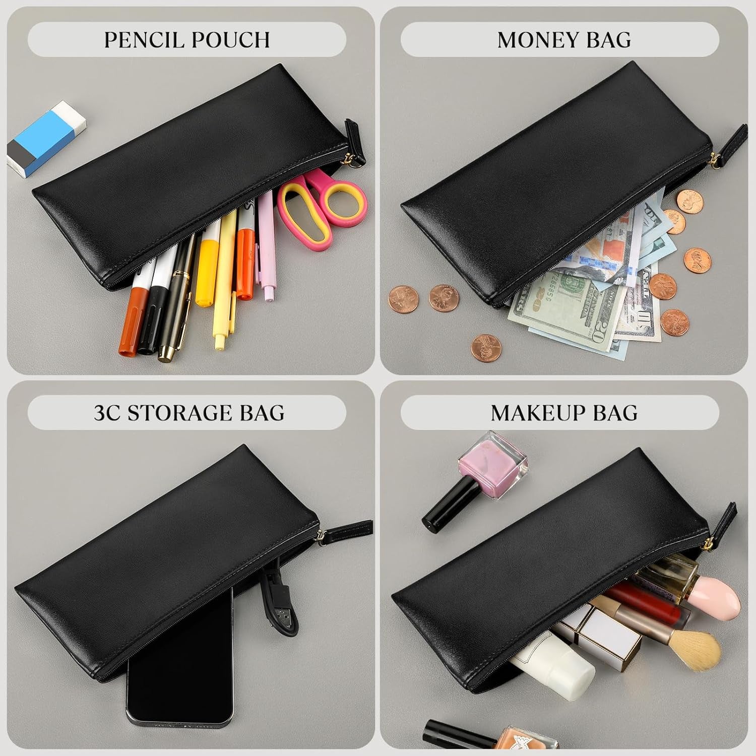 Pencil Case Pencil Pouch Black Pencil Bag PU Leather Pen Case Small Zipper Pouch for Pencils, Pens, Markers, Makeups, Change, Coins