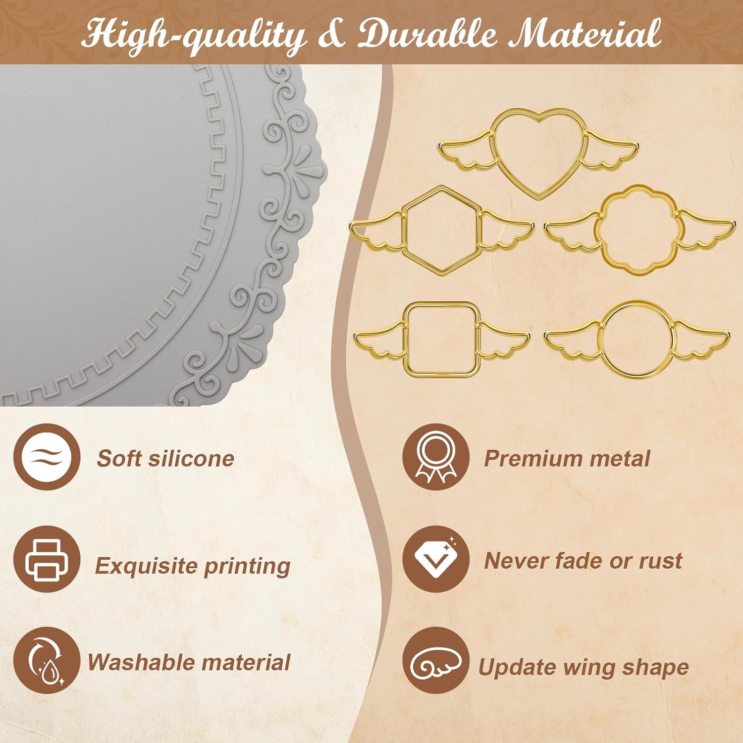 Newest Design 5+29P Metal Wax Seal Mold with Wing,  Gold Wax Seal Stamp Mold round Flower Square Hexagonal Heart Metal Wax Melt Mold with Silicone Mat, 28P Wax Sticker for Envelope Wax Wrapping