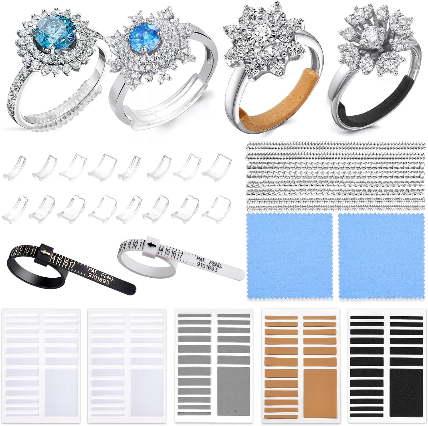 Ring Size Adjuster for Loose Rings- 110 Pcs Ring Size Adjusters Set Includes 8 Plug-In Invisible Ring Adjuster, 8 Spiral Silicone Tightener, EVA Invisible Sticker,Ring Size Measuring Tool
