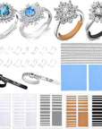 Ring Size Adjuster for Loose Rings- 110 Pcs Ring Size Adjusters Set Includes 8 Plug-In Invisible Ring Adjuster, 8 Spiral Silicone Tightener, EVA Invisible Sticker,Ring Size Measuring Tool
