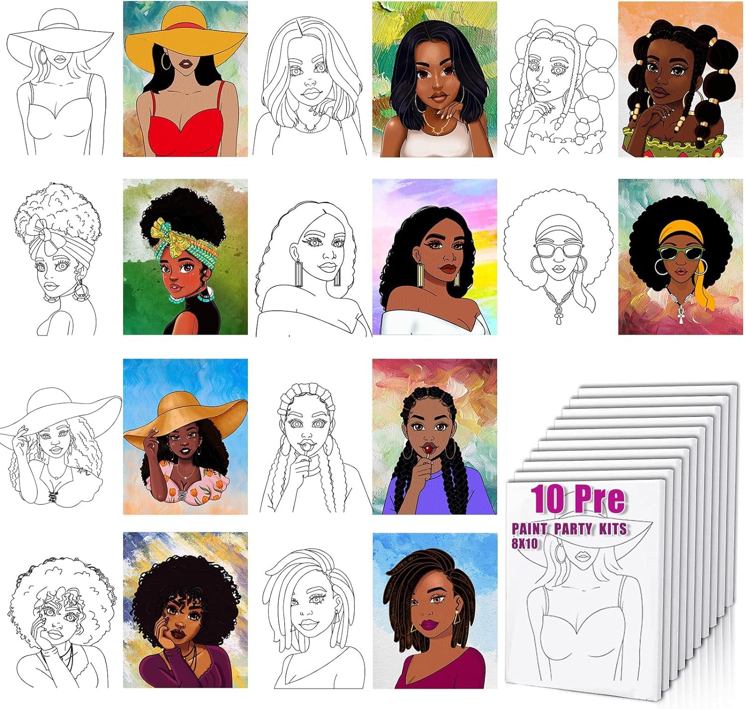 Pre Drawn for Painting for Adults 10 Pack 8X10 without Frame Sip and Paint Canvas,Drawn Canvas for Painting for Adults Kids,Sip and Paint Kit for Adult'S Date Night