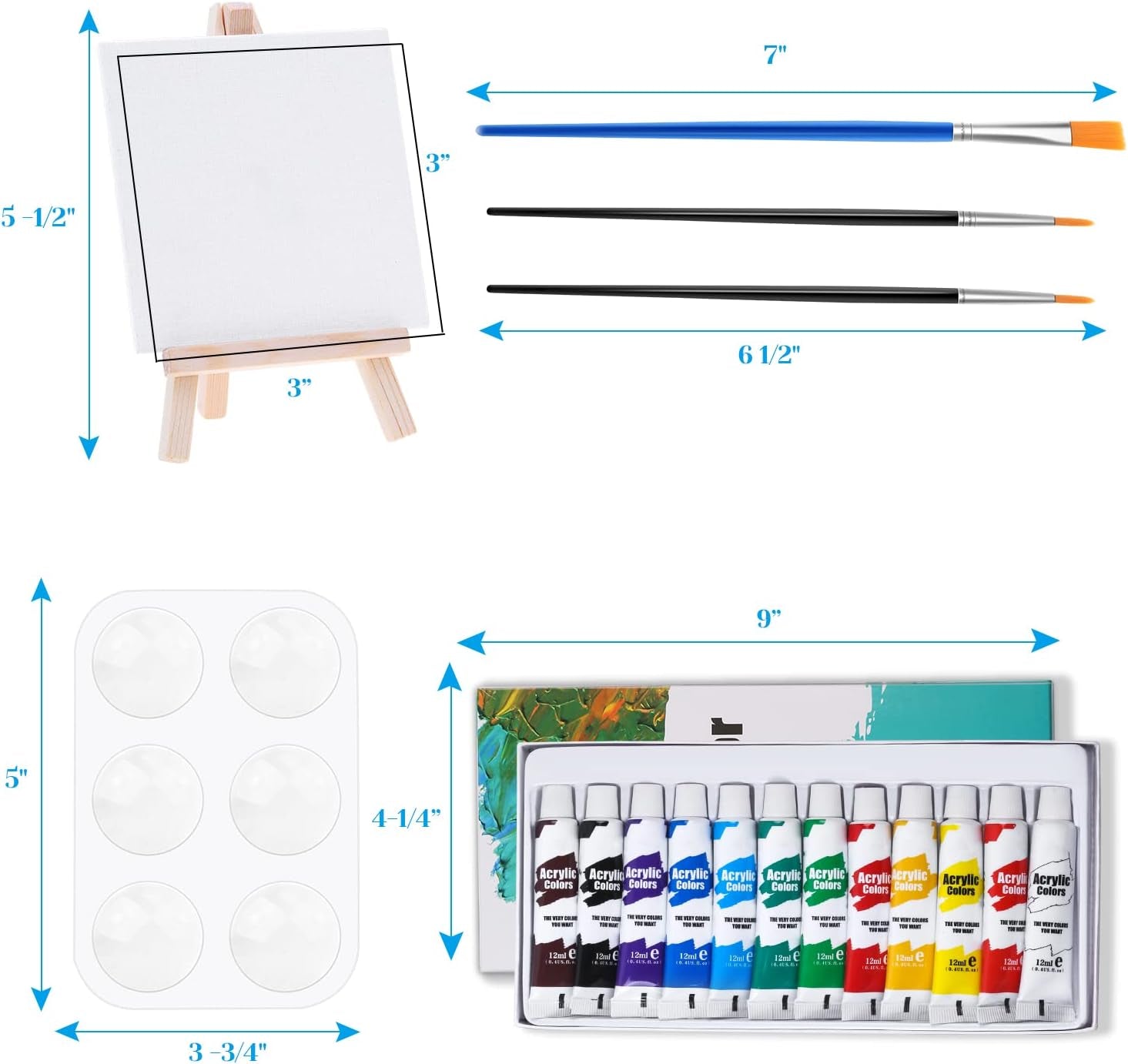 Mini Canvas and Easel,  47 Pieces Mini Canvas Painting Set Includes 4X4 Inches Primed Canvas, Mini Easel, Acrylic Paint, Paintbrushes and Palette for Kids Artists Art Party