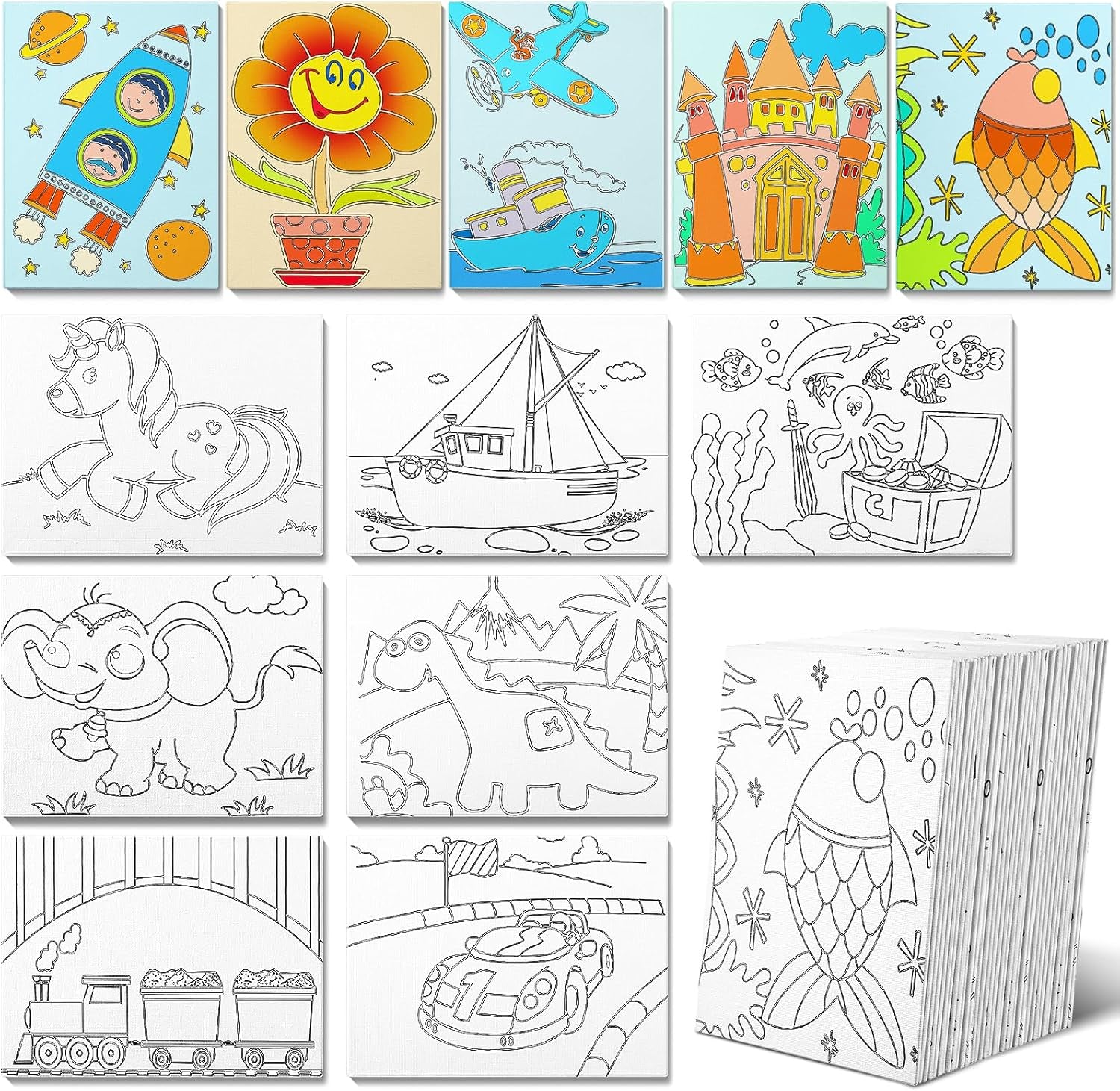 Pre Drawn Painting Canvas for Painting Canvas Panels 7.8 X 5.8 Inch Pre Printed Designs Stretched Canvas Kit for Beginner Party Favor, 12 Style(36 Pcs)