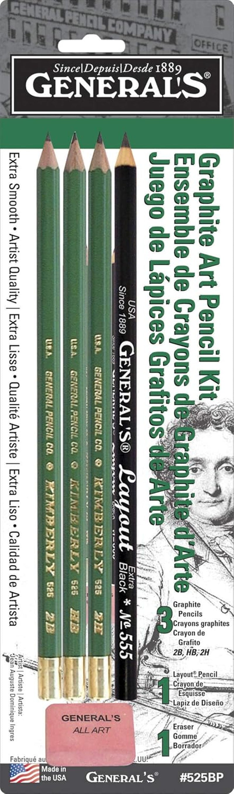 Mini Drawing Kit - Set of 5 Includes 3 Drawing Pencils, Layout Pencil, and Eraser, Black - 525BP