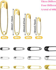 600 Pcs Safety Pins Assorted, 4 Sizes Large and Small Safety Pins for Clothes,Black Gold Silver Safety Pins Rust Resistant for Art,Crafts, Sewing and Jewelry Making