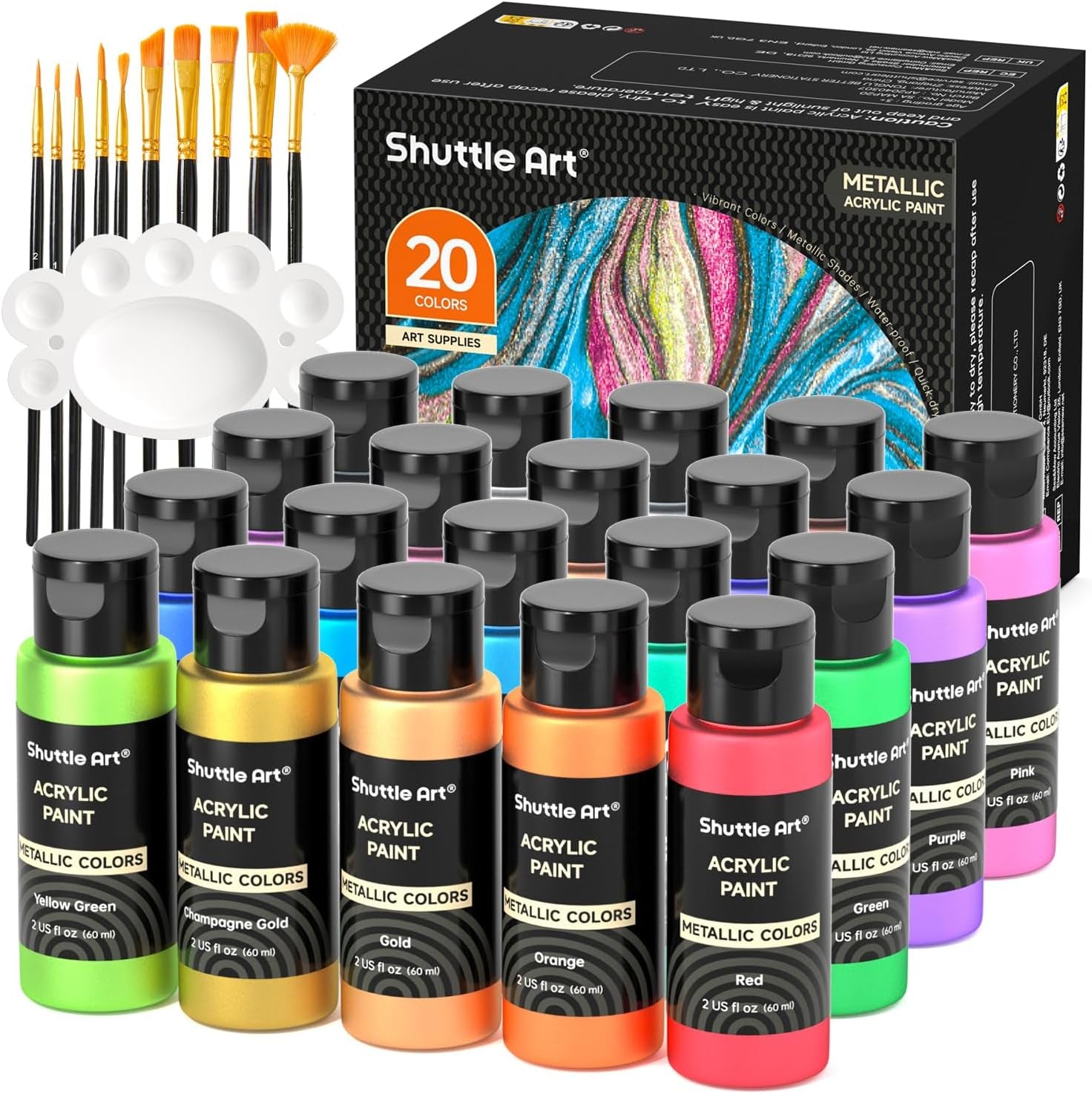 Metallic Acrylic Paint Set, 20 Colors Metallic Paint in Bottles (60Ml, 2Oz) with 10 Brushes and 1 Palette, Rich Pigments, Non-Toxic for Artists, Beginners on Rocks Crafts Canvaswood Fabric