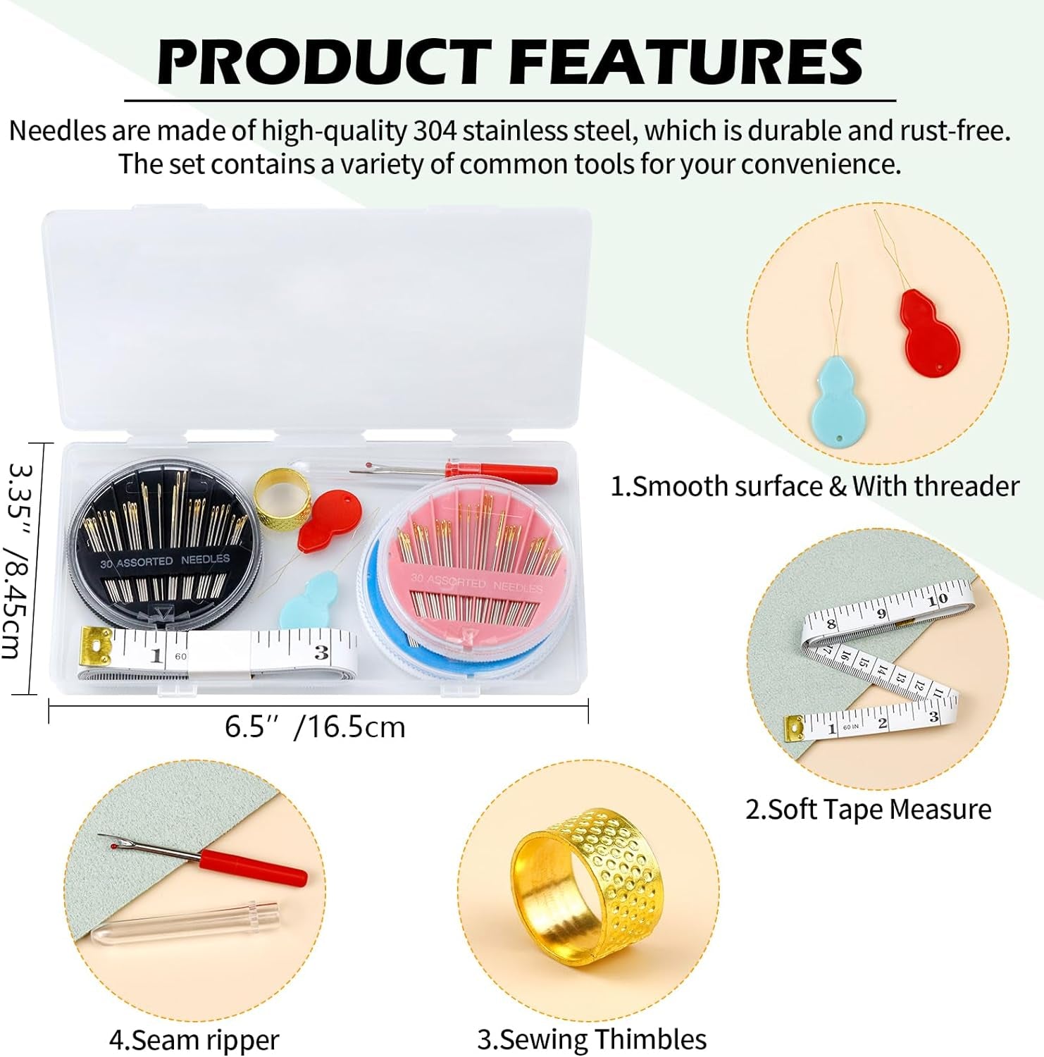 Premium Hand Sewing Needles Set,90-Count Assorted Embroidery Needles with Threaders,Thread Removal Knife, Thimble,Soft Tape Measure for Hand Sewing Repair