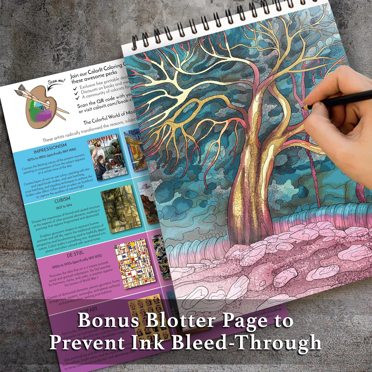 Modern Art Adult Coloring Book for Stress Relief, 50 Drawings Inspired by Famous Paintings, Smooth and Thick Paper, Spiral Binding, USA Printed, Lay Flat Hardback Book Cover, Ink Blotter Paper