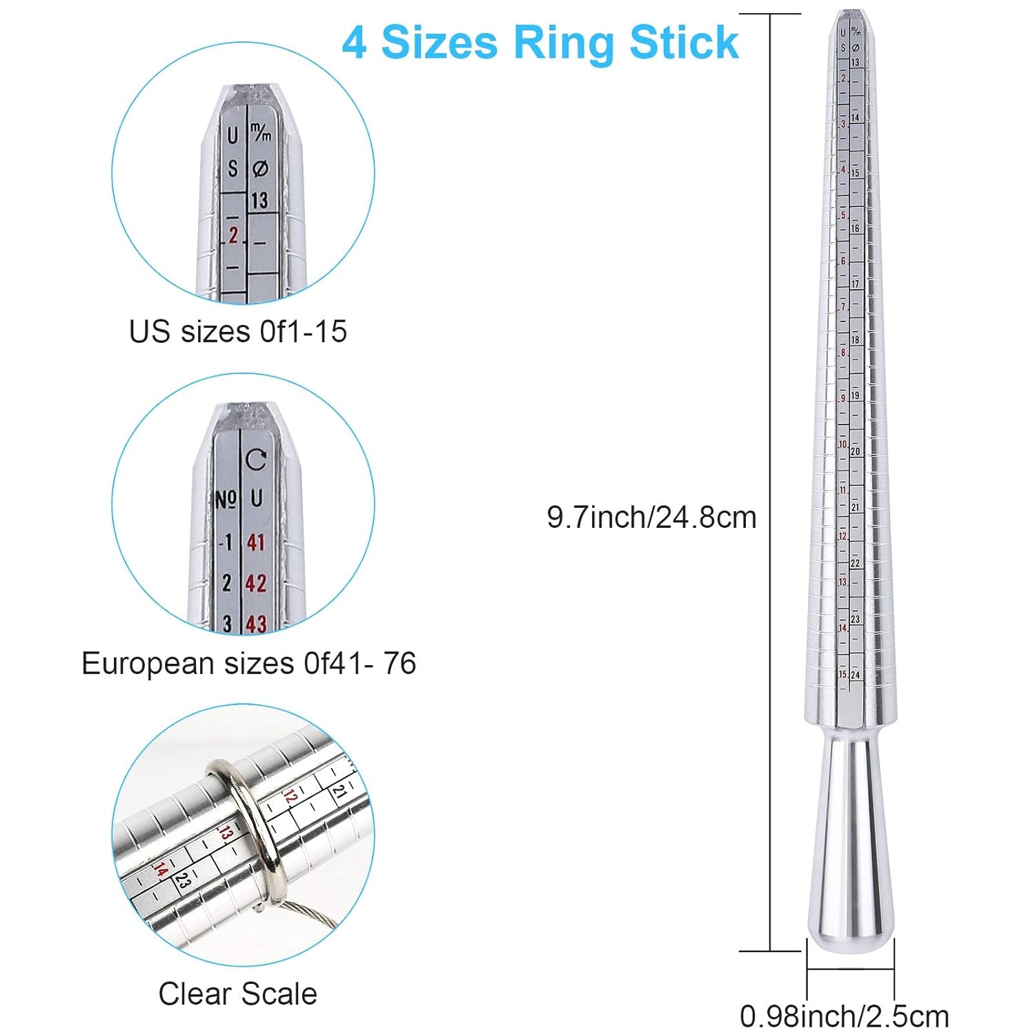 Ring Sizer Measuring Tool, Aluminum Ring Mandrel, 27 Pcs Premium Metal Ring Measurement Tool, Mens Womens Finger Gauge, 4 Sizes Ring Stick, 4 Pcs Polishing Cloth, US Ring Sizing Kit, by