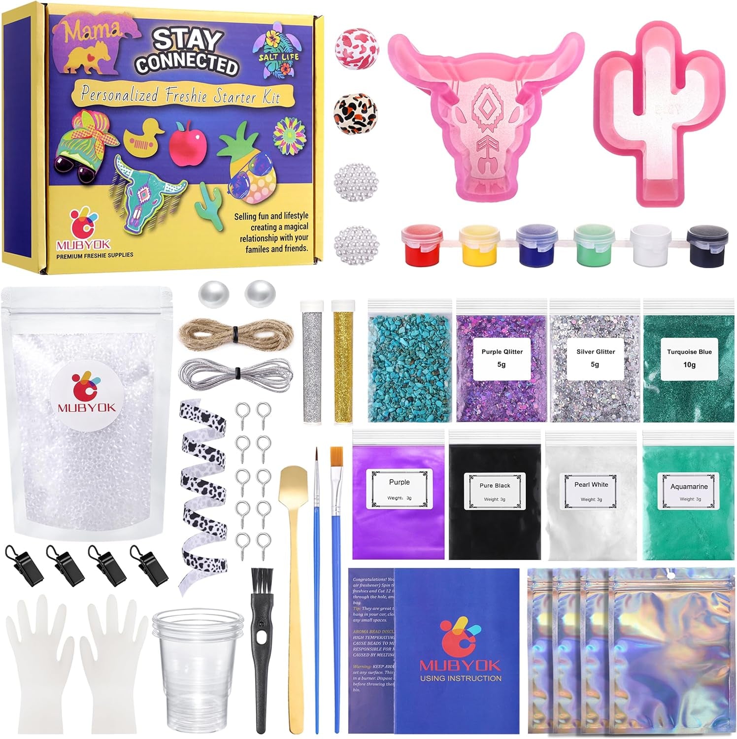 M139 57PCS Car Freshies Supplies Starter Kit, DIY Freshie Making Kit with Unscented Aroma Beads,Freshies Silicone Molds and Accessories (Make 4 Freshie)