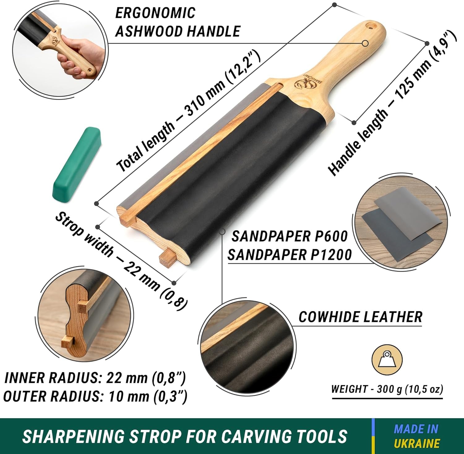 LS5P1 Wood Carving Strop Wood Carving Gouge Hook Knife Sharpening Honing Tools Strop Stropping Kit Leather Paddle Strop Spoon Carving Tools Sharpening Kit Sharpener with Polishing Compound