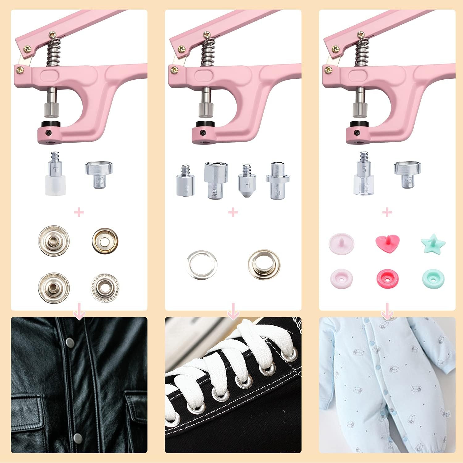 Plastic and Metal Snap Buttons with Snaps Pliers Set,300 Sets Plastic and Metal Snap Buttons for Sewing and Crafting (Pink)