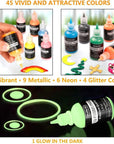 Fabric Paint Set, 45 Colors 3D Permanent Paint with Brushes Palette Fabric Pen Fabric Sheet Stencils, Glow in the Dark, Glitter,Metallic Colors for Textile Fabric T-Shirt Jeans Glass
