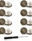 Jeans Buttons Replacement, 8PCS Instant No Sew Buttons for Pants Removable Metal Pant Buttons Tightener Adjustable Button Replacement Kit with Threads Rivets and Screwdriver (17Mm)