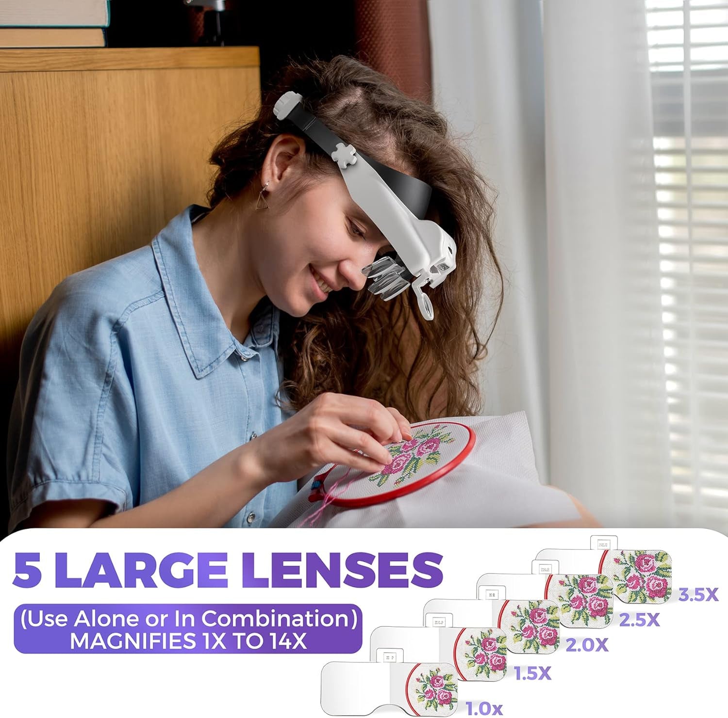 Magnifying Glass with Light Hands Free - 1X to 14X Magnifying Glasses with Light for Close Work, Jewelers Magnifying Glass Magnifying Headset with 6 Lenses for Hobby, Reading, Crafts