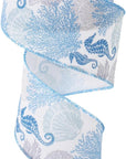 Summer Wired Edge Ribbon Starfish Coral Craft Ribbon Blue Fabric Ribbon for Wreath Bow Making DIY Crafts Wrapping Party Decor Supplies, 12 Yard