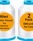 2-Pack Premium 90 WT Machine Embroidery Bobbin Thread White - Set of 2 X-Large Huge Polyester Cones 5500 Yards Each Spool Lint Free White Thread - Compatible with All Embroidery and Sewing Machines