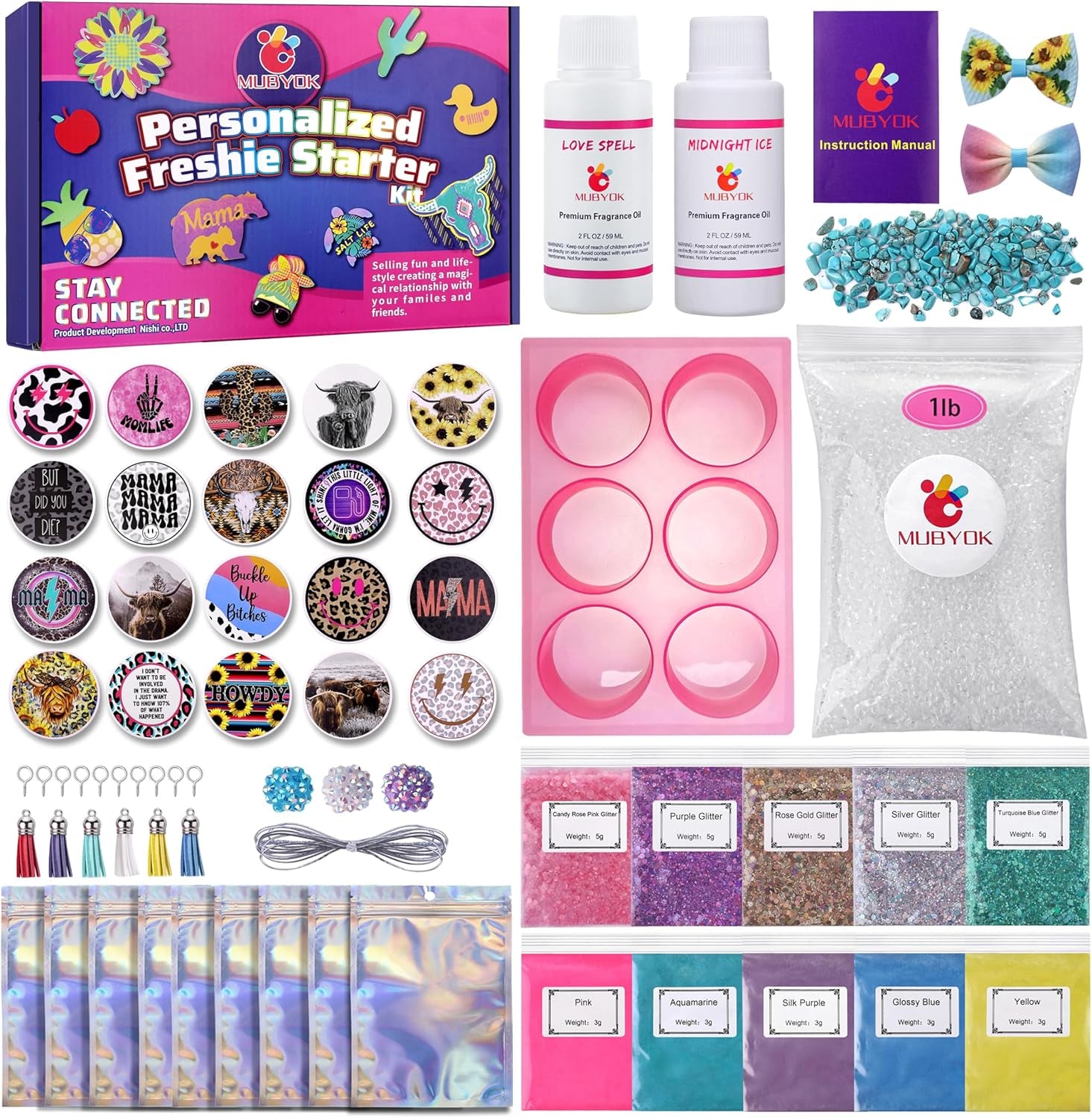 M421 Car Freshies Supplies Starter Kit,Diy Freshie Making Kit with 1LB Unscented Aroma Beads,3 Inch Circle Freshies Silicone Molds,4 OZ Fragrance Oil and Card Stock(Make 9 Freshie)
