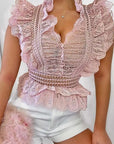 Crochet Lace Frill Neck & Sleeve Detail Top