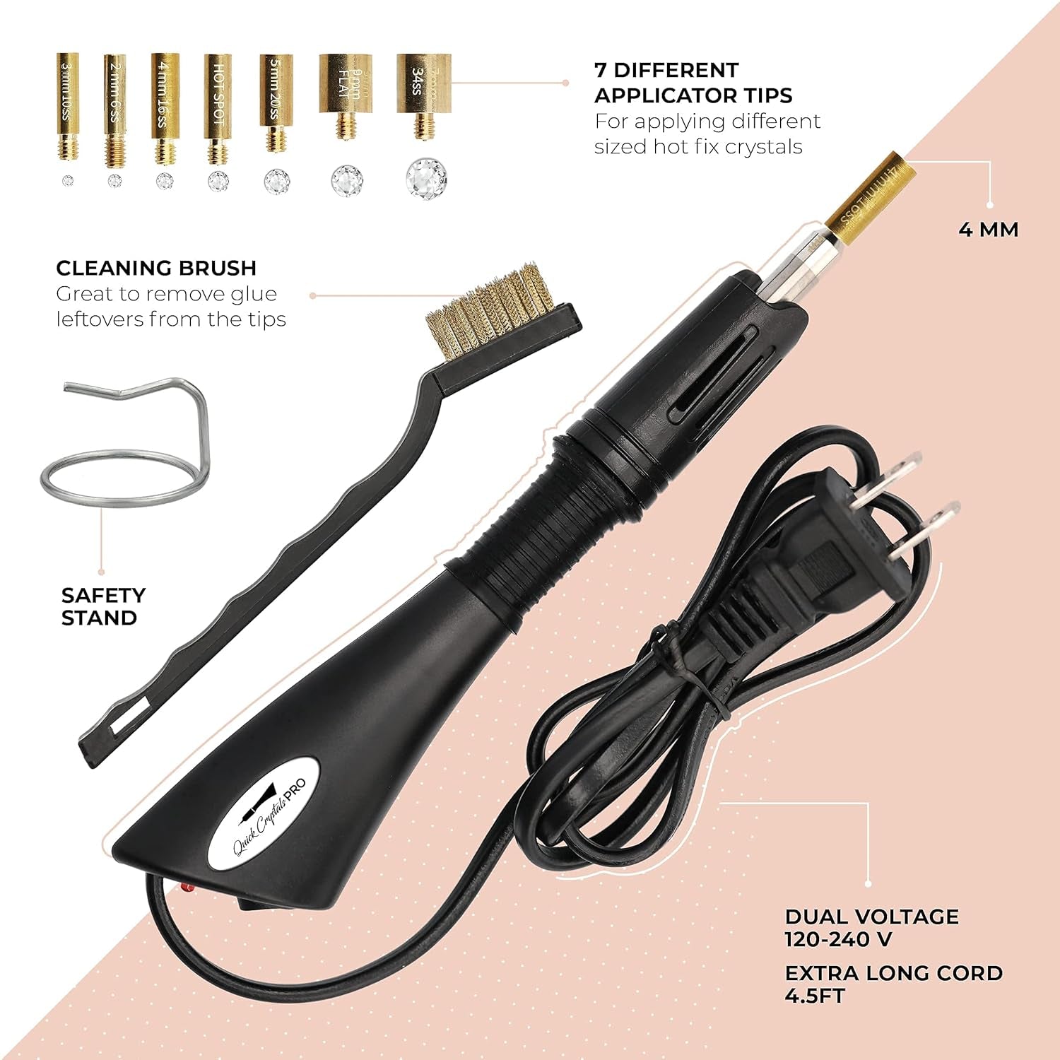 Hotfix Applicator, , Bedazzler Kit with Rhinestones, DIY Wand Setter Tool Kit with 7 Different Tip Sizes, Tweezers, Cleaning Brush, User Manual, and 4400 Rhinestones - Black