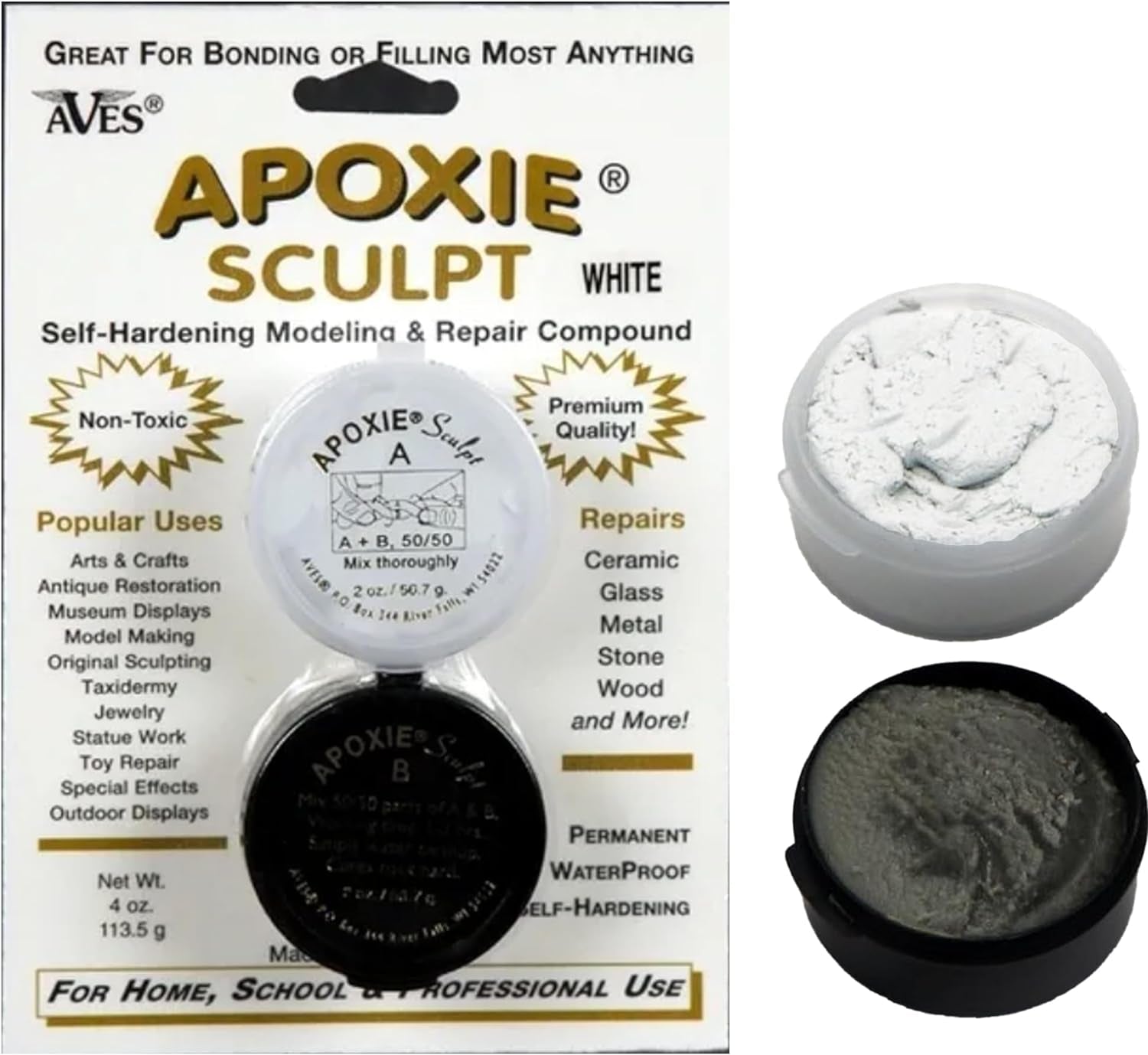 Apoxie Sculpt - 2 Part Modeling Compound (A &amp; B) - 1/4 Pound, Apoxie Sculpt for Sculpting, Modeling, Filling, Repairing, Easy to Use and Durable Self Hardening Modeling Compound–White/Stone White