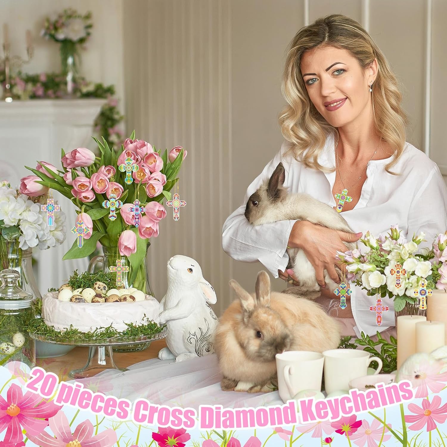 20 Pcs Diamond Painting Keychains Kit Cross Diamond Art Keychains Religious Crosses Diamond Ornaments 5D Key Chain Christian Diamond Painting Bookmarks Key Rings for Adults DIY Crafts Gifts