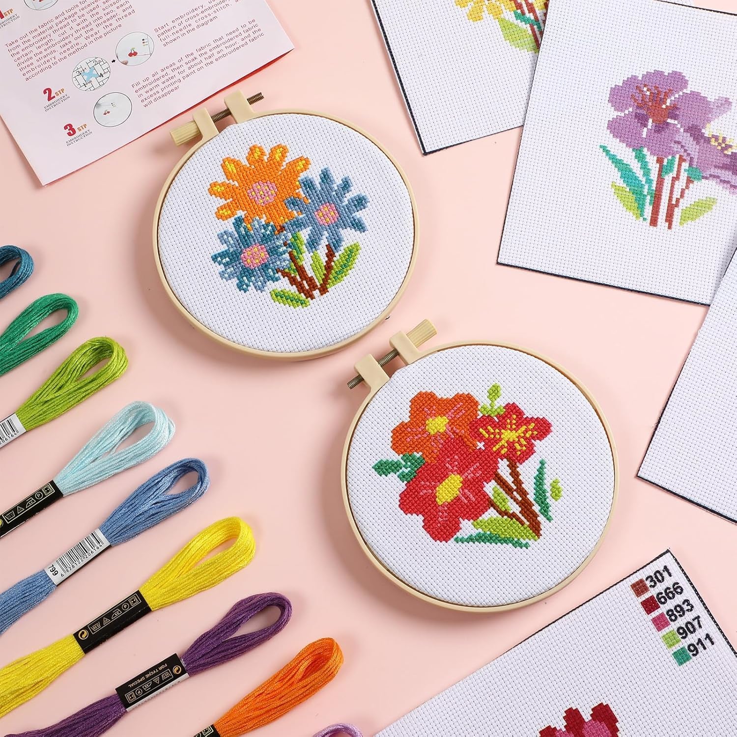 6PCS Cross Stitch Kits for Beginners DIY Embroidery Kit for Kids Adults Birthday Back to School Gift Spring Summer Flower Needlepoint Patterns with 2 Embroidery Hoops Craft Supplies