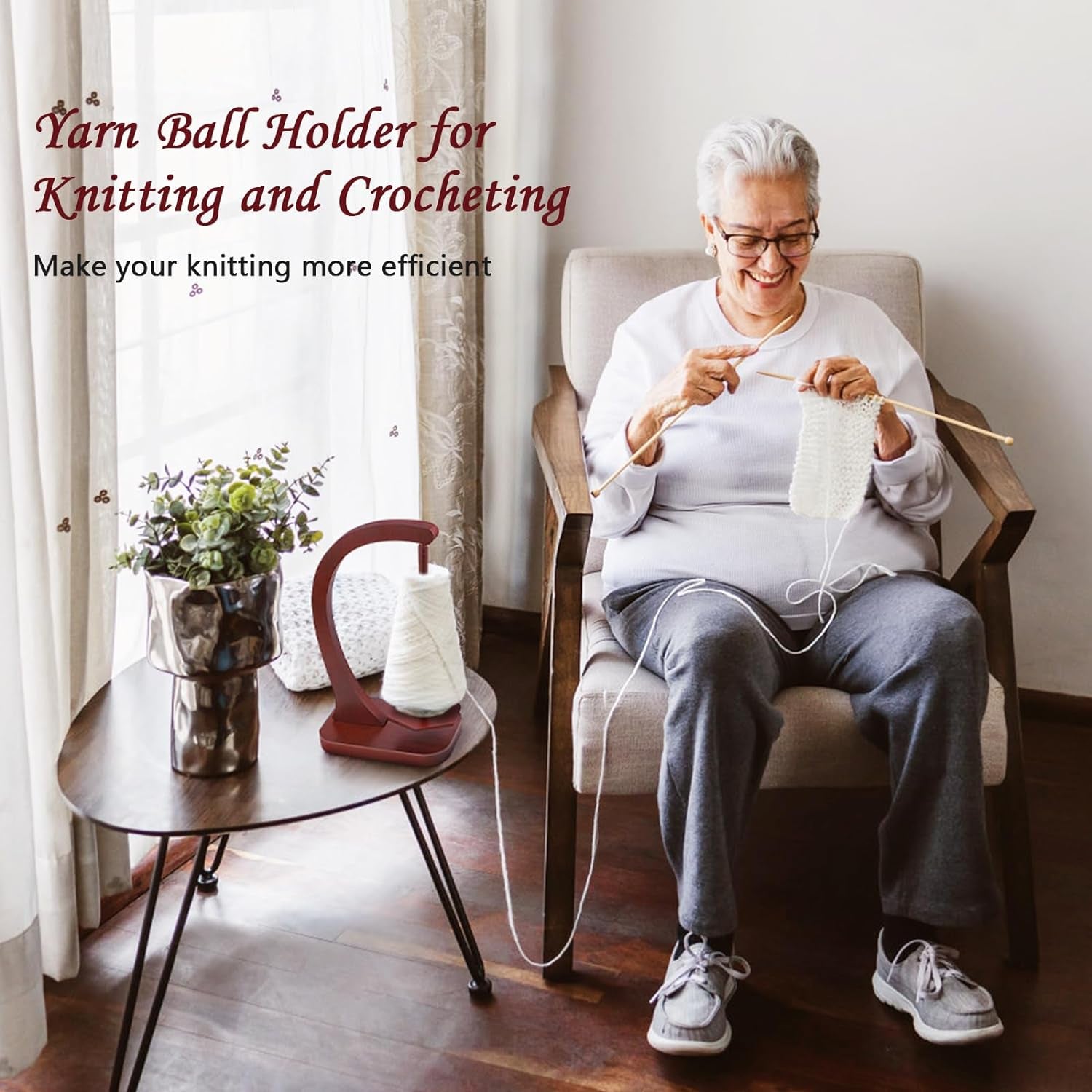 Yarn Ball Holder for Knitting and Crocheting, Wooden Yarn Spinner with Magnetic Metal Twirling Mechanism and Anti-Slip Pads, Crochet Gift for Knitting Lovers