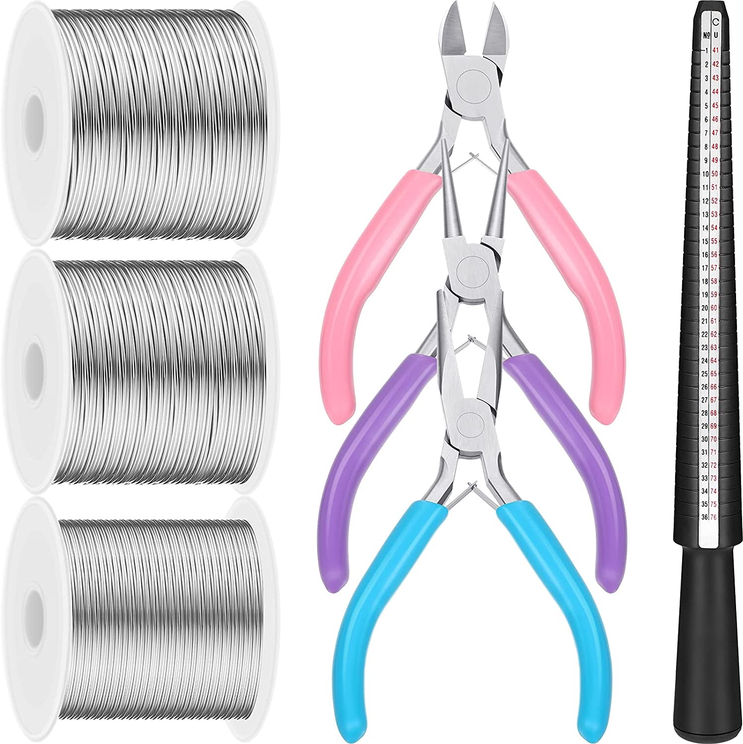 3 Rolls 18/20/22 Gauge Craft Wire for Jewelry Making Aluminum Wire with Ring Sizer Pliers for Jewelry Making(Silver)