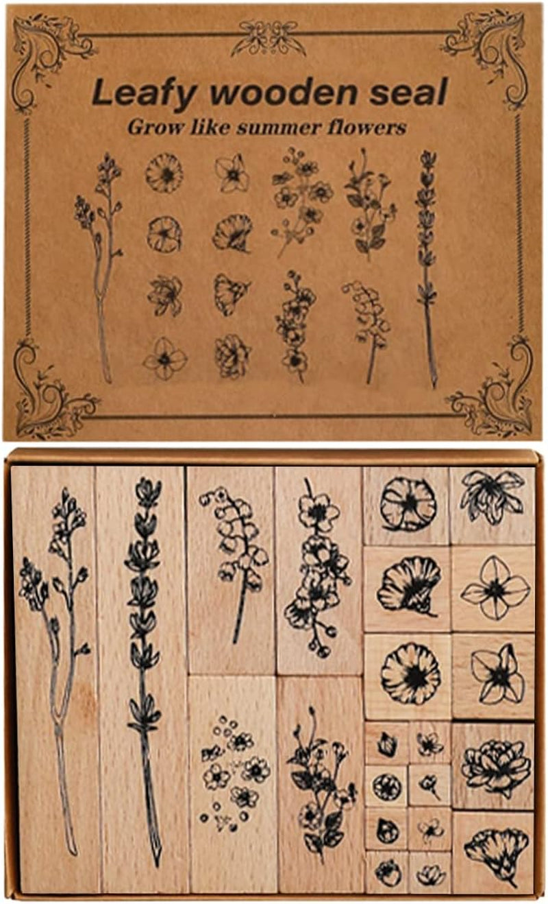 22 Pcs Plant Wooden Rubber Stamps Set, Plant Decorative Wooden Stamp DIY Craft Wooden Rubber Stamps (Plant 1)